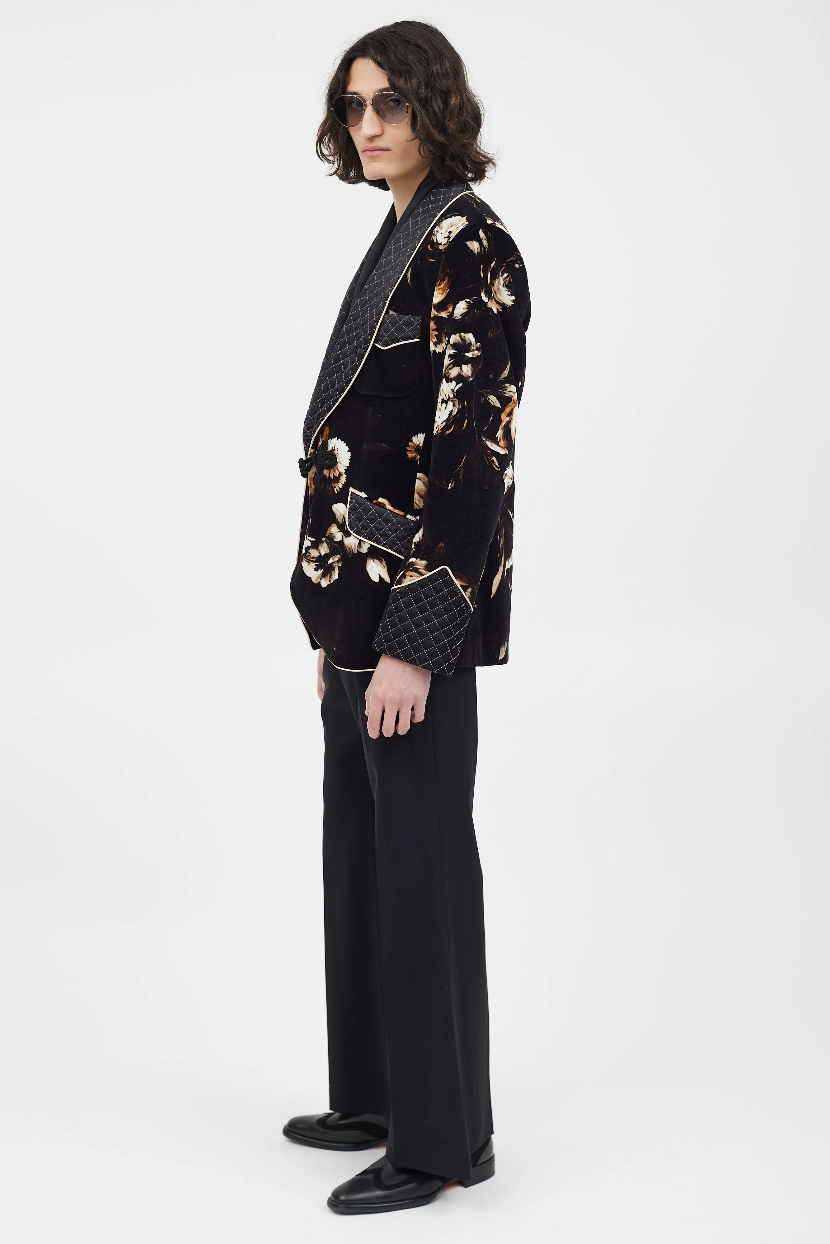 Black & Multicolour Velour Floral Blazer