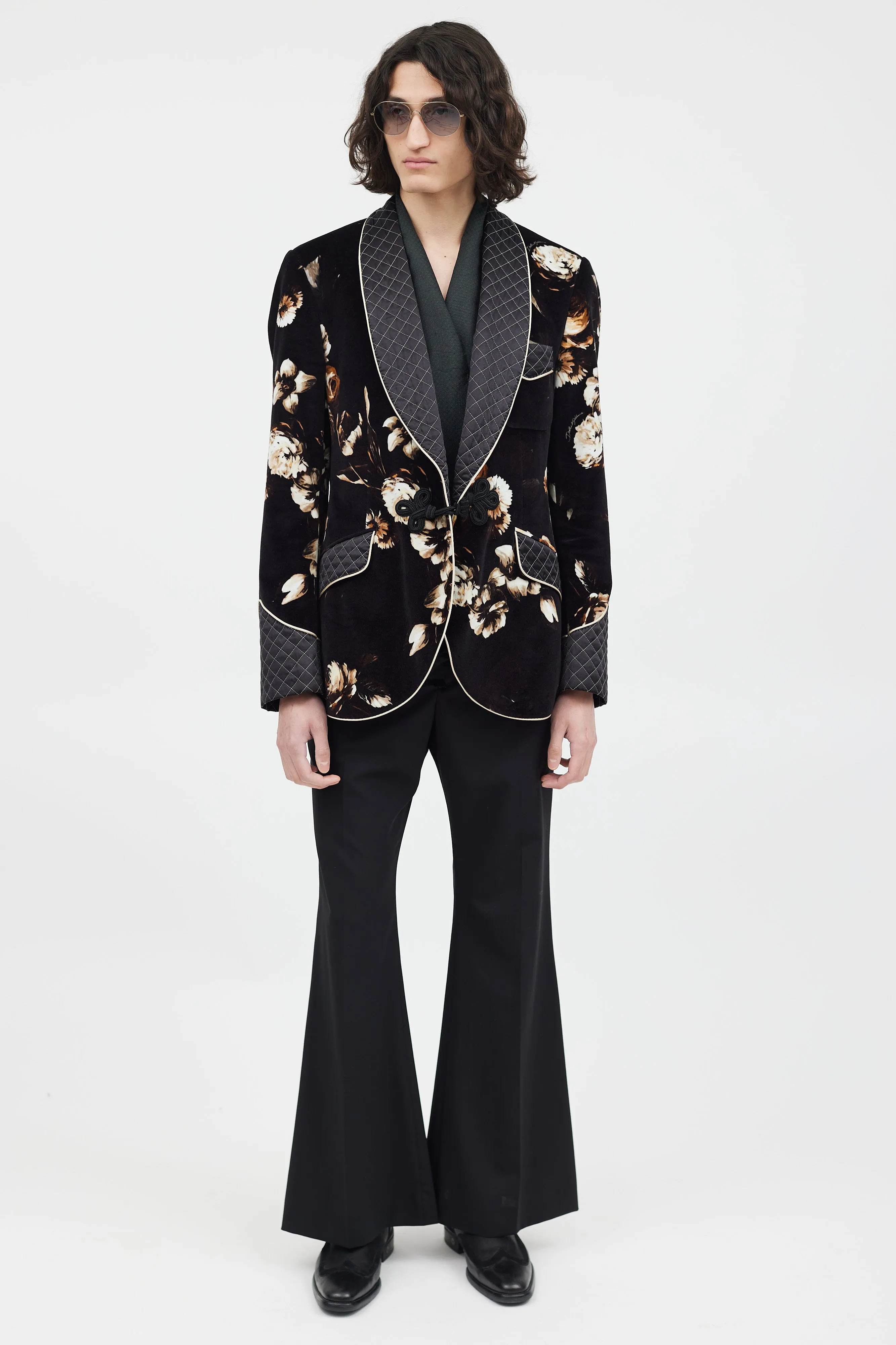 Black & Multicolour Velour Floral Blazer