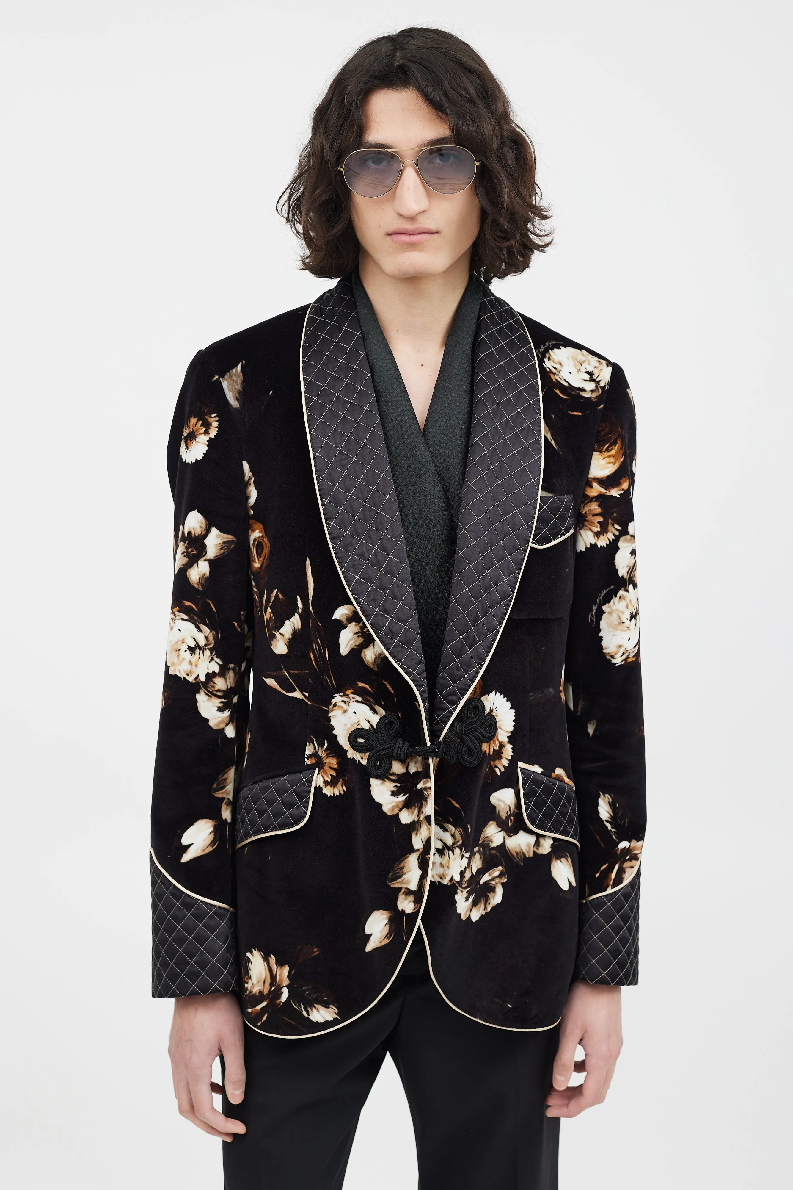 Black & Multicolour Velour Floral Blazer