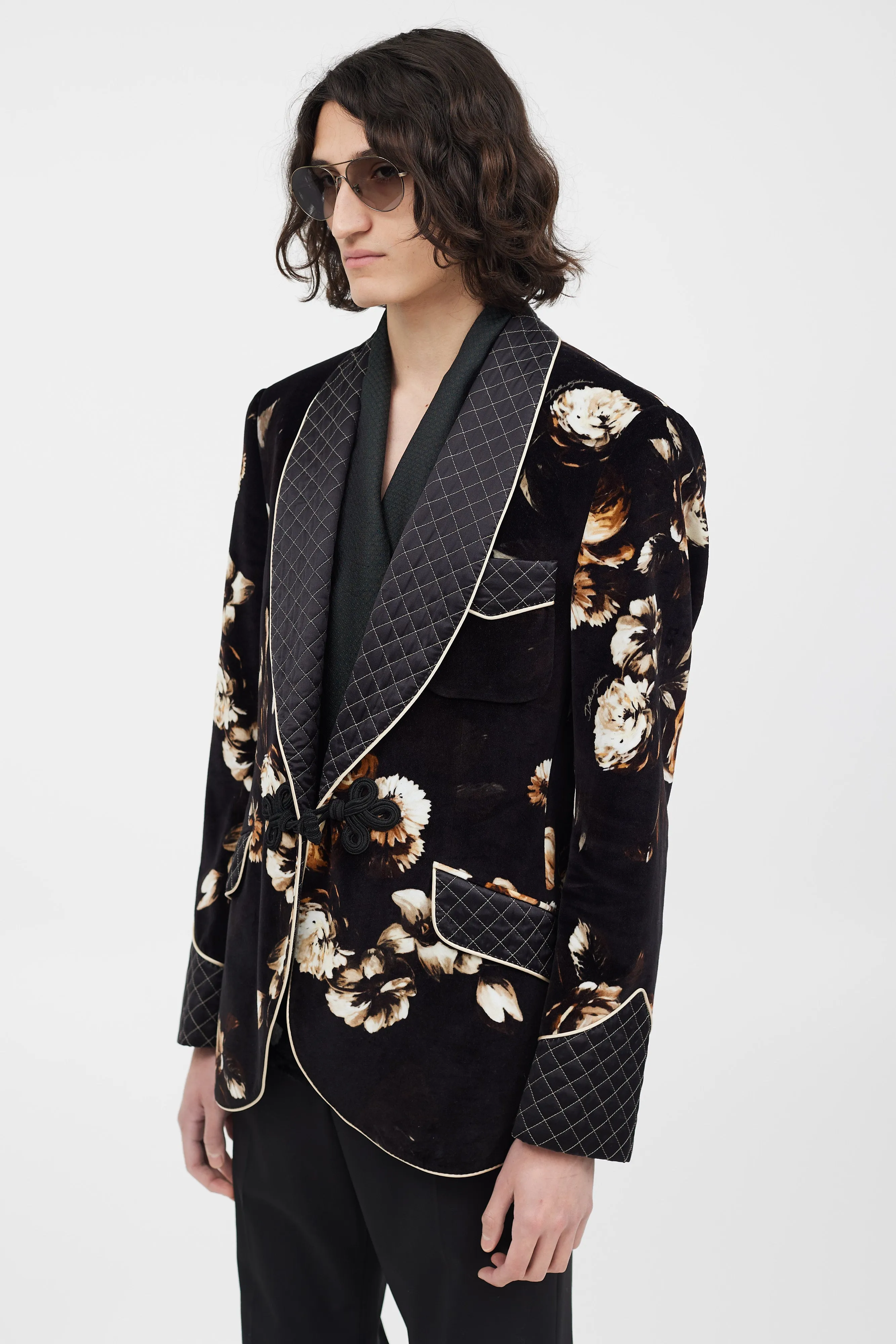 Black & Multicolour Velour Floral Blazer