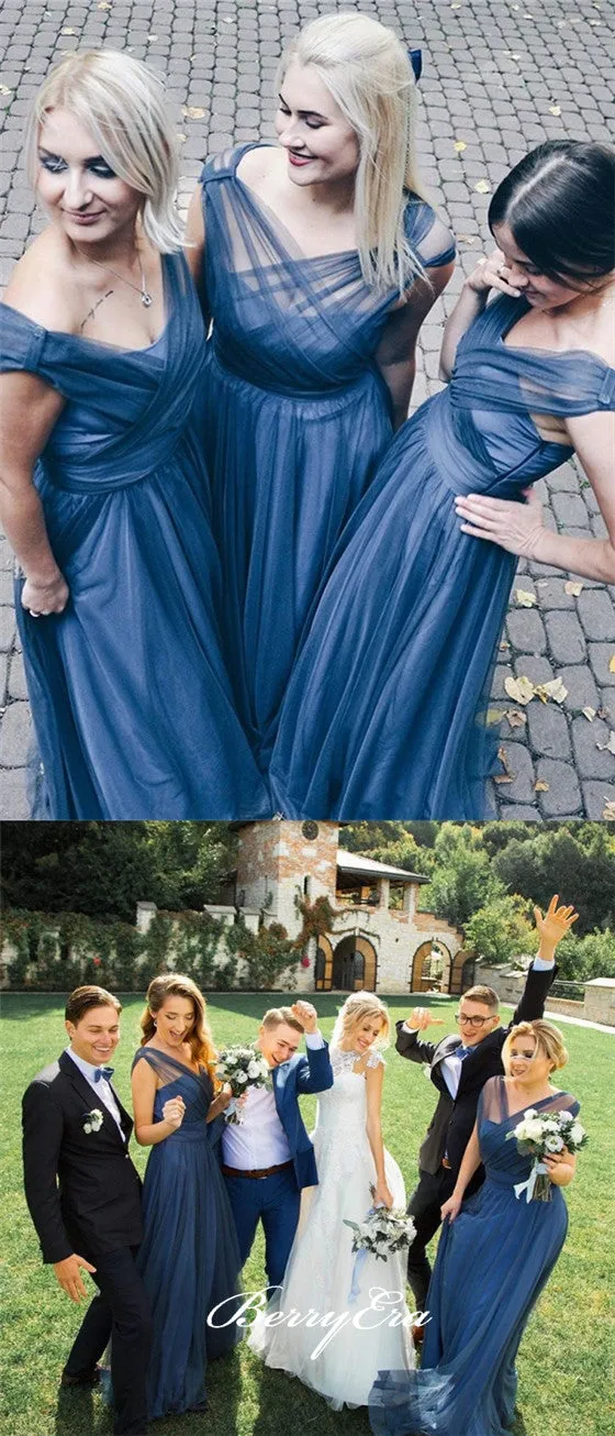 Elegant Long A-line Tulle Sleeveless Bridesmaid Dresses