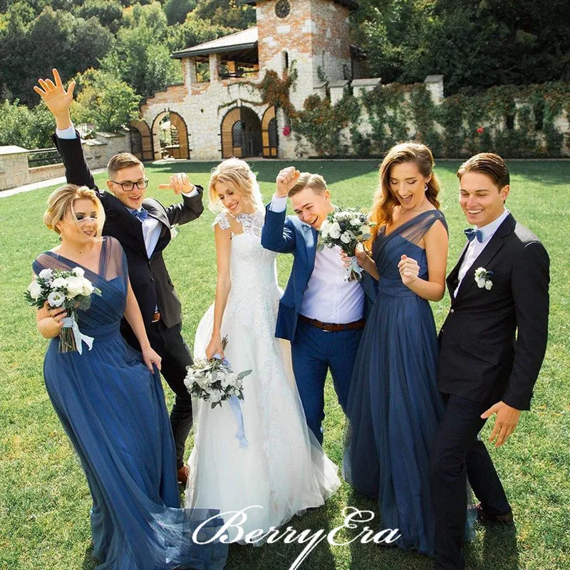 Elegant Long A-line Tulle Sleeveless Bridesmaid Dresses