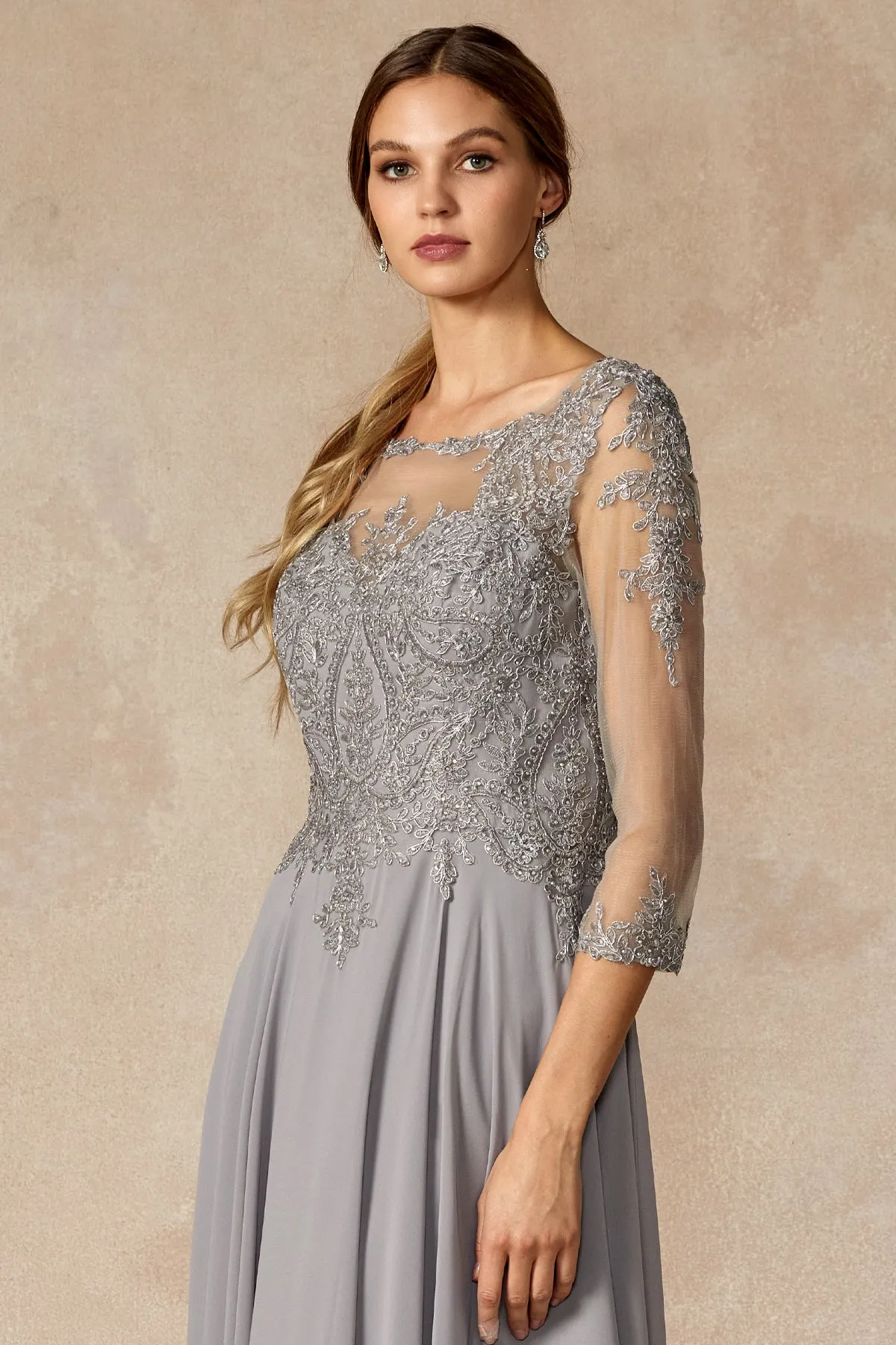Embroidered Lace Applique, Long Sleeves, Long Mother Of The Bride Dress
