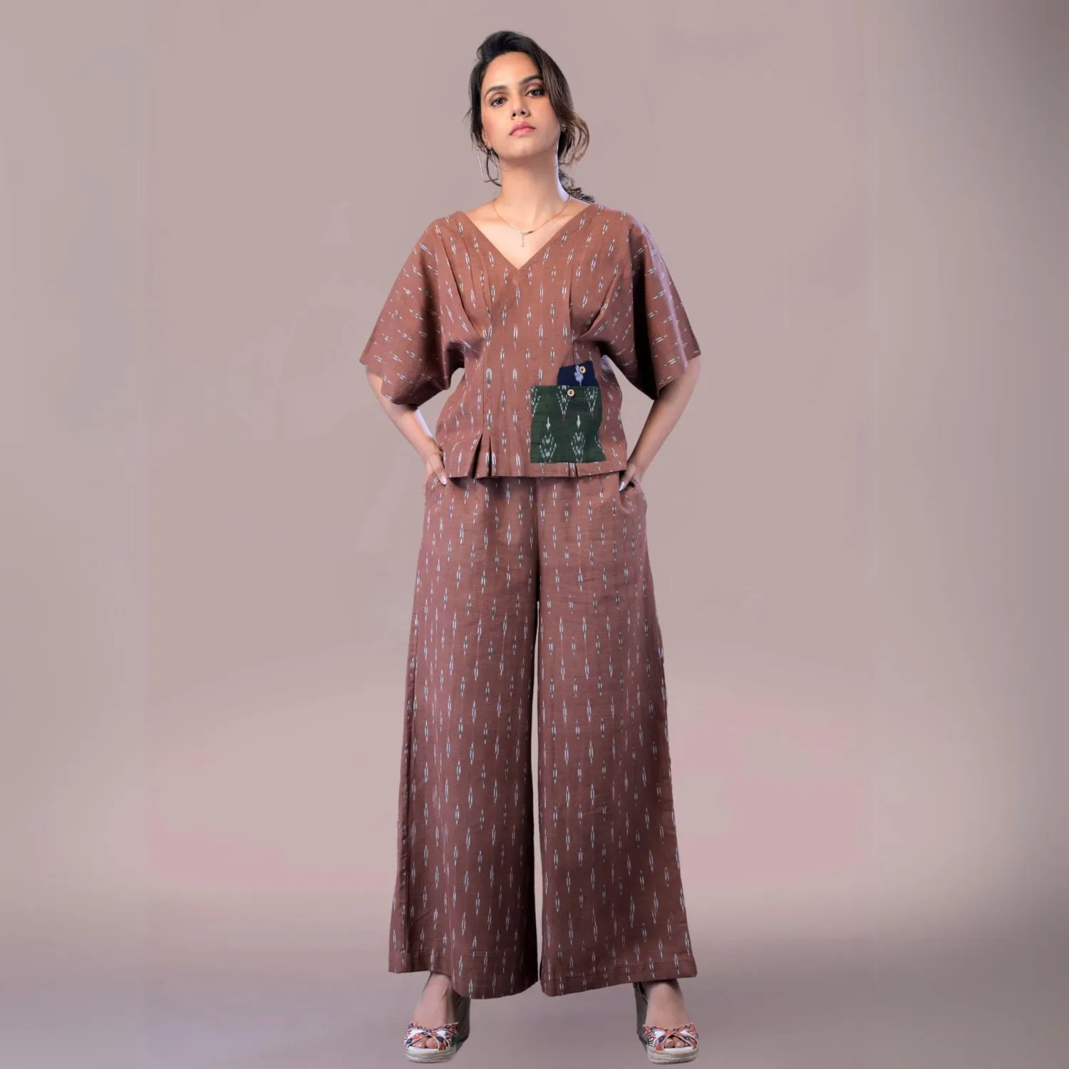 Gianna Ikat Wide Legged Co-ord Set | All Day Comfort Wear | Chic | Earthy Brown