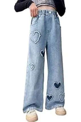 Girls Jeans Elastic Waist Wide Leg Pants Kids Jeans   S4977061