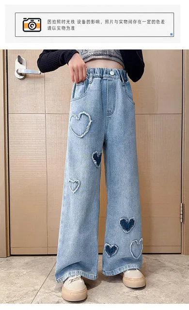 Girls Jeans Elastic Waist Wide Leg Pants Kids Jeans   S4977061