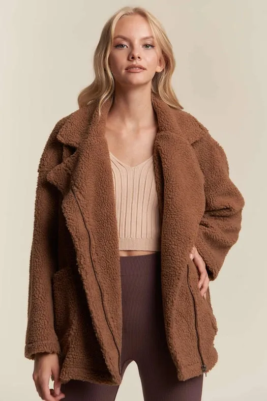 Oversized Faux Fur Zip Up Jacket with Longsleve MOCHA