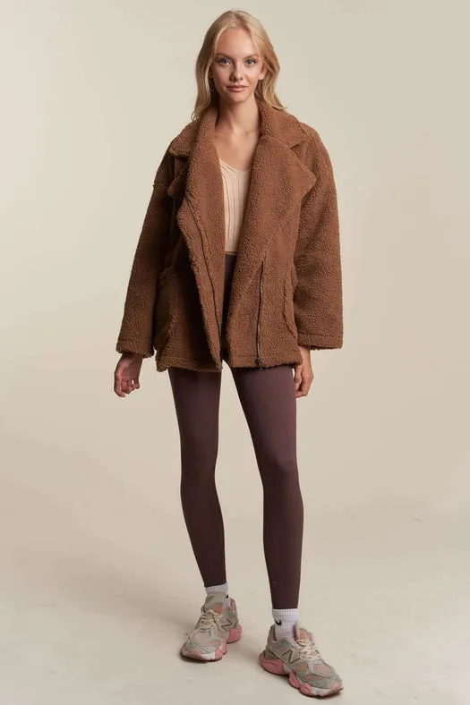 Oversized Faux Fur Zip Up Jacket with Longsleve MOCHA