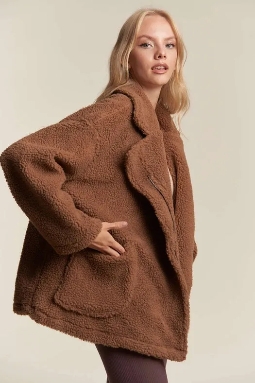 Oversized Faux Fur Zip Up Jacket with Longsleve MOCHA