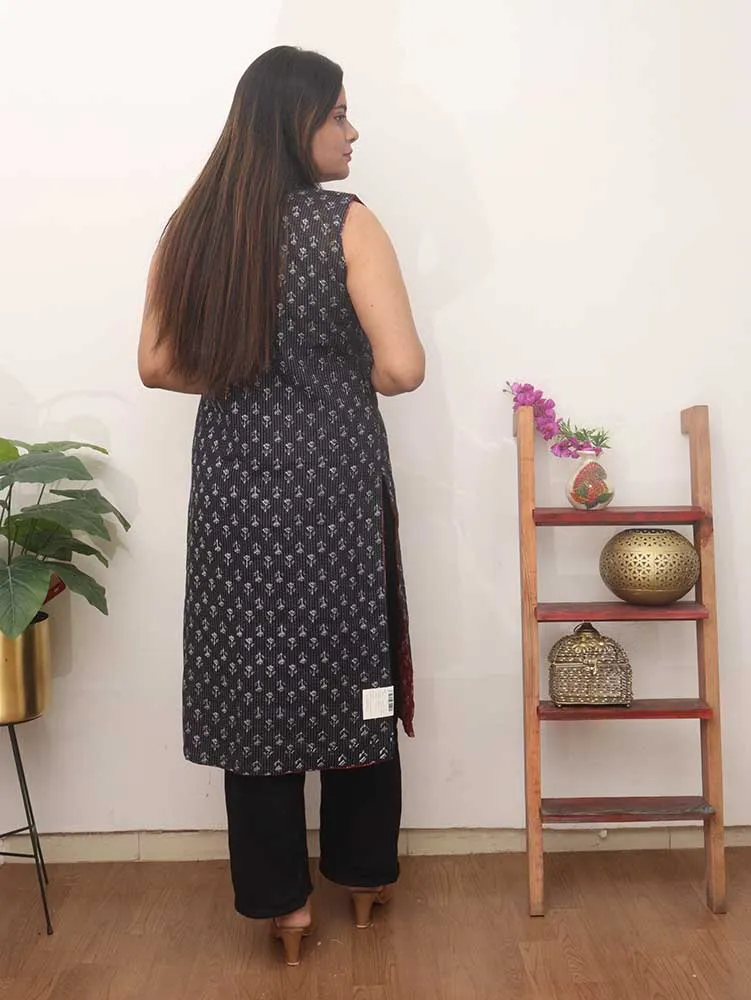 Red And Black Block Printed Pure Cotton Reversible Long Jacket