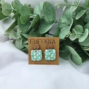 Small Square Cork Over Leather Earrings - Rustic White Dots Over Seafoam