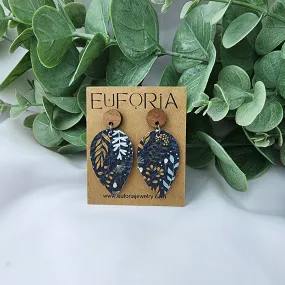 Small Teardrop Leather Earrings - Navy and Neutral Floral