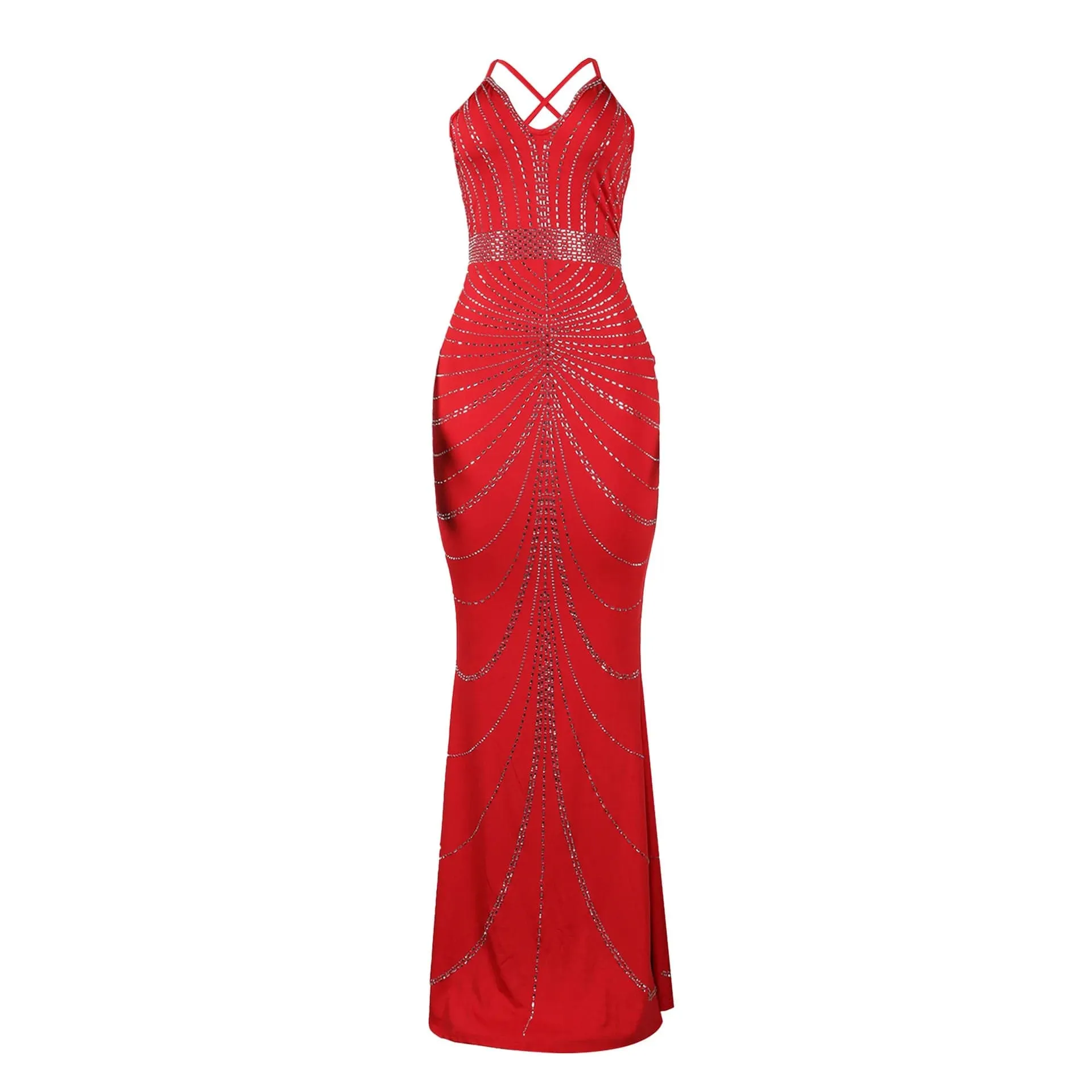 Women's Evening Long Sequin Hot Diamond  Strap Leaky Back Mermaid Formal  Elegant And Luxurious Dress.